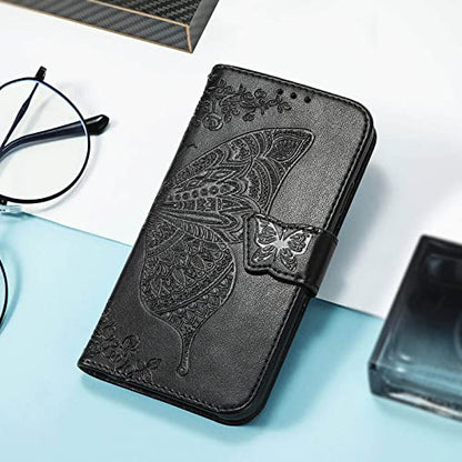 for iPhone 13 Pro Case Wallet for Women,Black | Flip Folio Butterfly Embossed PU Leather Kickstand Credit Card Holder Slots Magnetic Wrist Strap Phone Cover - color: Black