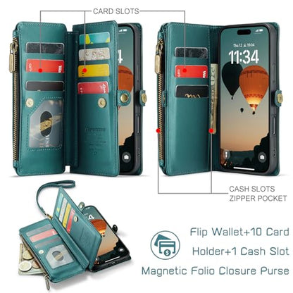 Defencase for iPhone 17 Pro Max Wallet Case with RFID Card Holder, Green | Durable Soft PU Leather, with Zipper Pocket, Wrist Strap, Fashion Snap Flip Phone Cases Cover with Stand for Women and Men - color: Blue Green