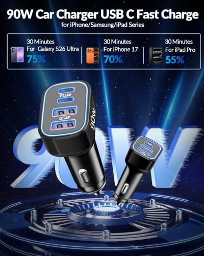 90W 4-Port USB C Super Fast Car Charger for Samsung Galaxy S26/S25/S24/S23 - color: Black