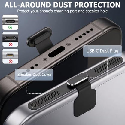 30Pcs Metal USB C Dust Plug with Speaker Dust Cover Cell Phone Cleaning Kit - size: for 17 and iPhone 16/15 series Black