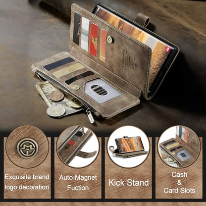 Samsung Galaxy S24 Ultra 5G Wallet Case with Card Holder Kickstand Magnetic Zipper Pocket Lanyard Strap Wristlet,Leather Flip Case Wallet for Samsung Galaxy S24 Ultra 5G 6.8 Inch(Brown) - color: Brown, size: S24 Ultra 6.8 Inch