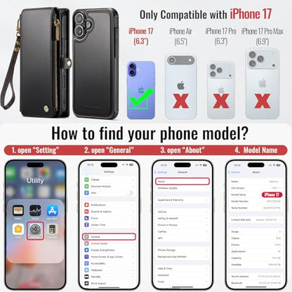 Defencase for iPhone 17 Phone Case Wallet Compatible with Magsafe, Black | Magnetic Detachable, Drop-Proof Protective Wallet Cases Cover, with RFID Bolcking Card Holder, Zipper Strap, Soft PU Leather - color: (Detachable with Magsafe)-Black