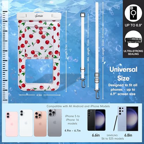 Sonix Waterproof Phone Pouch - Floating Phone Case Dry Bag w/Crossbody Lanyard - Beach Cruise Travel Essentials - Compatible w/All Devices, Touchscreen Friendly | Cherry on Top - color: Cherry on Top