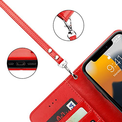 Bocasal Detachable Wallet Case Card Holder for iPhone 13, Red | RFID Blocking Kickstand Card Slots Holder PU Leather Magnetic Shockproof Wrist Strap Removable Flip Protective Cover 6.1 inch - color: Red