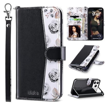 ULAK Compatible with iPhone 17 Pro Wallet Case with Card Holder, PU Leather Case with Kickstand Card Slots Wrist Strap, Durable Shockproof Protective Cover 6.3 Inch, Black Flower - color: Black, size: iPhone 17 Pro - 6.3 inch