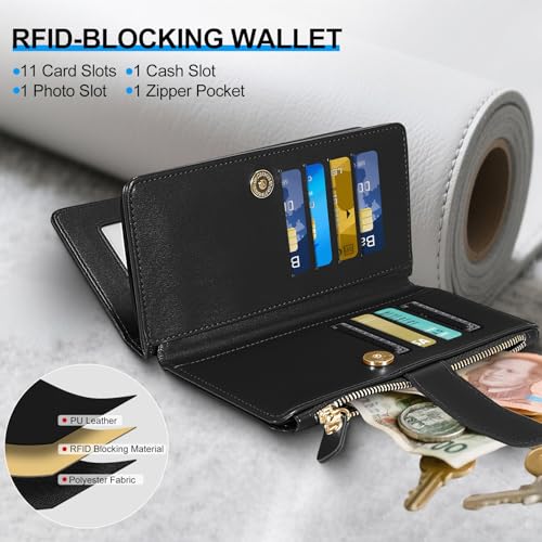 Magnetic Case for Samsung Galaxy S25 Fe Wallet Compatible with Magsafe RFID Blocking Card Holder Detachable Phone Cover Kickstand Snap Strap Zipper Pocket PU Leather (Black) - color: Black, size: Galaxy S25 Fe