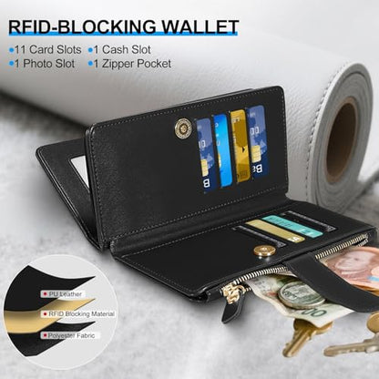 Magnetic Case for Samsung Galaxy S25 Fe Wallet Compatible with Magsafe RFID Blocking Card Holder Detachable Phone Cover Kickstand Snap Strap Zipper Pocket PU Leather (Black) - color: Black, size: Galaxy S25 Fe