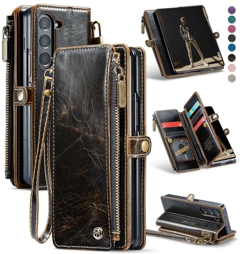 Defencase for Samsung Galaxy Z Fold 6 Wallet Case with Card Holder, Coffee | Durable Soft PU Leather, RFID Blcking Zipper Pocket, with S-Pen Holder & Strap, Flip Phone Cases with Stand for Women Men - color: Coffee