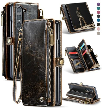 Defencase for Samsung Galaxy Z Fold 6 Wallet Case with Card Holder, Coffee | Durable Soft PU Leather, RFID Blcking Zipper Pocket, with S-Pen Holder & Strap, Flip Phone Cases with Stand for Women Men - color: Coffee