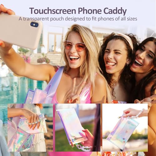 Iridescent Beach Bag for Women, 26L Extra Large Clear Waterproof Sandproof Tote Bag, Zipper Closure with Touchscreen Phone Pouch Adjustable Crossbody Strap for Beach Pool Travel Gym Vacation