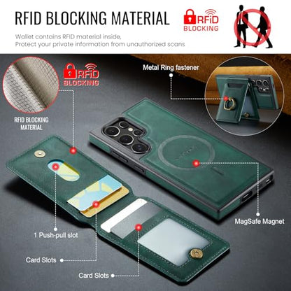 for Samsung Galaxy S26 Ultra 2 in 1 Detachable Card Bag Wallet Case Durable Leather Wallets Magnetic Card Holder 4 Card Slots Ring Stand RFID Blocking Green - color: Green, size: Samsung Galaxy S26 Ultra