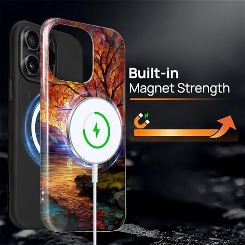 Magnetic Phone Case for iPhone 15 Pro Max,Compatible with MagSafe,Durable 2 Layers Full Covered Shockproof Protective Cover-Stained Glass Sunrise Fall Leaves - color: Stained Glass Sunrise Fall Leaves, size: iPhone 15 Pro Max