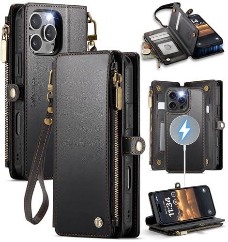 Defencase for iPhone 16 Pro Max Case Wallet Compatible with Magsafe, Black | Drop-Proof Magnetic Detachable Phone Cases Cover, with RFID Bolcking Card Holder, Zipper Strap, PU Leather, Removable Wallet - color: (Detachable with Magsafe)-Black