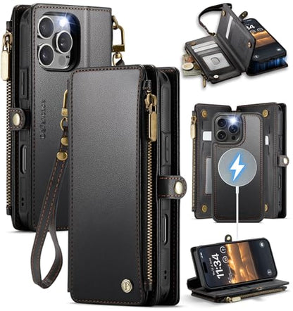 Defencase for iPhone 16 Pro Max Case Wallet Compatible with Magsafe, Black | Drop-Proof Magnetic Detachable Phone Cases Cover, with RFID Bolcking Card Holder, Zipper Strap, PU Leather, Removable Wallet - color: (Detachable with Magsafe)-Black