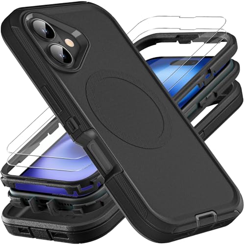 YKHJKLEC for iPhone 16 Case, Compatible with Magsafe, Military Grade 3 in 1 Heavy Duty Shockproof/Drop Proof/Dust Proof Case with 2Pcs Tempered Glass Screen Protector (New-Black/Black) - color: New-Black/Black
