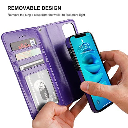 Bocasal Detachable Wallet Case Card Holder for iPhone 14, Purple | RFID Blocking Kickstand Card Slots Holder PU Leather Magnetic Shockproof Wrist Strap Removable Flip Protective Cover 6.1 inch - color: Purple