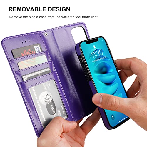 Bocasal Detachable Wallet Case Card Holder for iPhone 14 Pro Max Purple | RFID Blocking Kickstand Card Slots Holder PU Leather Magnetic Shockproof Wrist Strap Removable Flip Protective Cover 6.7 inch - color: Purple