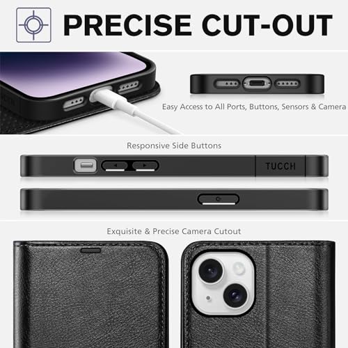 TUCCH Wallet Case for iPhone 14 (6.1") 2022, Flip Stand, Textured Black | RFID Blocking, 4 Card Holders, Kickstand, PU Leather, Shockproof TPU Shell, Magnetic Closure, Protective Folio Cover - color: Black - Textured