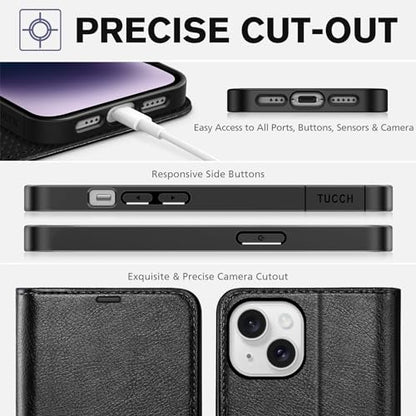 TUCCH Wallet Case for iPhone 14 (6.1") 2022, Flip Stand, Textured Black | RFID Blocking, 4 Card Holders, Kickstand, PU Leather, Shockproof TPU Shell, Magnetic Closure, Protective Folio Cover - color: Black - Textured