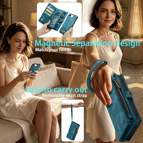 Compatible with iPhone 17E/16E Wallet Case with Magsafe,Blue | Magnetic Detachable Case,Card Holder,Zipper Pocket,Strap Wristlet, Soft Leather Drop-Proof Phone Case for iPhone 17E/16E - color: (Detachable and Magsafe)-Blue, size: iPhone 16E/17E 6.1 Inch