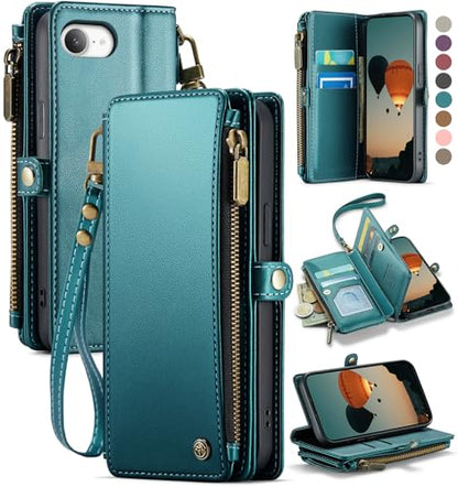 Defencase for iPhone 17E & 16E Wallet Phone Case with Card Holder, Green | Durable Soft PU Leather, with RFID Blocking Zipper Pocket, Strap, Magnetic Snap Flip Cases Cover with Stand for Women Men - color: Blue Green