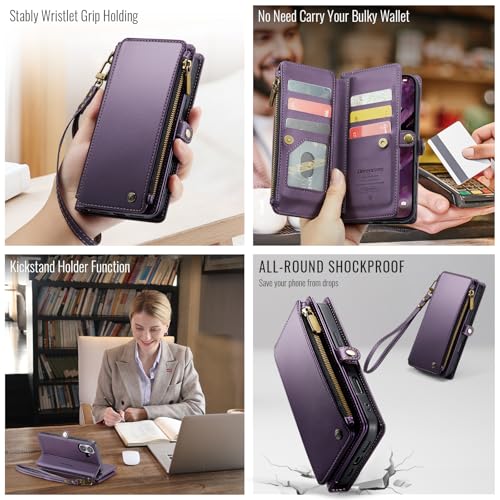 Defencase for iPhone 17 Wallet Case with RFID Blocking Card Holder, Purple | Durable Soft PU Leather, with Zipper Pocket, Wrist Strap, Fashion Snap Flip Phone Cases Cover with Stand for Women and Men - color: Purple