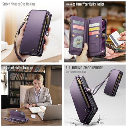 Defencase for iPhone 17 Wallet Case with RFID Blocking Card Holder, Purple | Durable Soft PU Leather, with Zipper Pocket, Wrist Strap, Fashion Snap Flip Phone Cases Cover with Stand for Women and Men - color: Purple