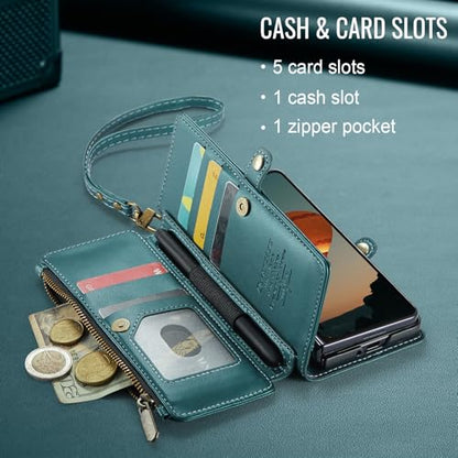 Defencase for Samsung Galaxy Z Fold 4 Wallet Case with Card Holder, Green | Durable Soft PU Leather, RFID Blcking Zipper Pocket, with S-Pen Holder & Strap, Flip Phone Cases with Stand for Women Men - color: Blue Green