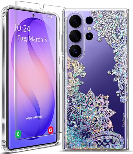 Clear Glitter for Samsung Galaxy S26 Ultra Case, Slim Shockproof Thin Flower Cute Crystal Lace Bling Women Hard Back Soft TPU Bumper Protective Cover for Samsung S26 Ultra Mandala Henna - color: Clear with Bling Lace, size: 6.9 inch (for S26 Ultra)