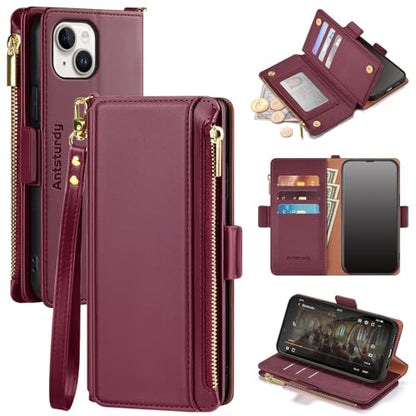 Antsturdy Compatible with iPhone 14 Wallet Case RFID Blocking,PU Leather Phone Case Women Men Flip Shockproof Cover with Wrist Strap Zipper Pocket Credit Card Holder Slots,for Apple 14 6.1" Wine Red | Shockproof RFID Blocking PU Leather Flip Cover Kicksta