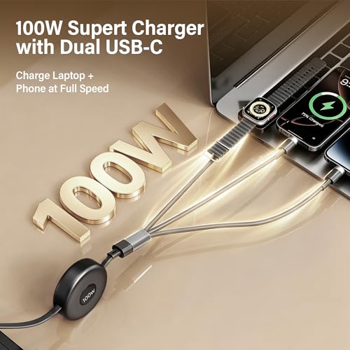 100W Retractable Multi Charging Cable for Apple Watch Charger,Dual USB C