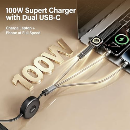 100W Retractable Multi Charging Cable for Apple Watch Charger,Dual USB C
