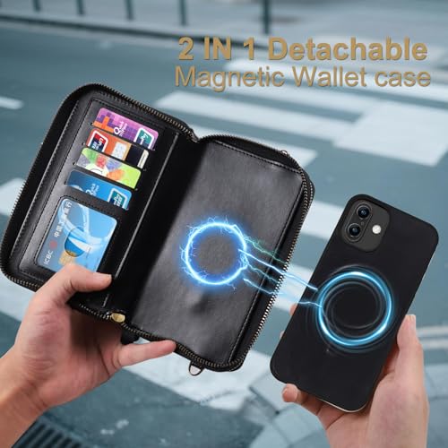 Harryshell Compatible with iPhone 17 Case Wallet Multi Zipper Detachable Removable Cover Purse with RFID Blocking Card Slots Holder Mirror Crossbody Strap (Compatible with Magsafe - Black) - color: Compatible with Magsafe - Black, size: iPhone 17