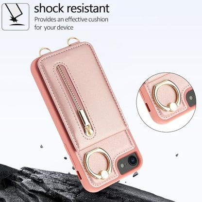 Crossbody Wallet Case for iPhone 7/8/SE 2020/SE 2022, Pink | Card Slots, Zipper Pocket, Flip Folio Purse, RFID Blocking, Ring Kickstand with Detachable Strap - color: Pink, size: iPhone 7/8/SE 2020/SE 2022 (4.7")