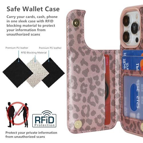 iCoverCase Compatible with iPhone 14 Pro Case with Card Holder, Wallet Case for Women Men RFID Blocking PU Leather Protective Phone Case 6.1 Inch (Rose Gold Leopard) - color: Rose Gold Leopard