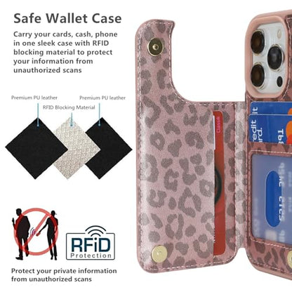 iCoverCase Compatible with iPhone 14 Pro Case with Card Holder, Wallet Case for Women Men RFID Blocking PU Leather Protective Phone Case 6.1 Inch (Rose Gold Leopard) - color: Rose Gold Leopard