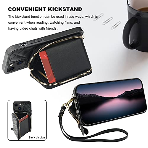 Bocasal Crossbody Wallet Case Card Holder for iPhone 13, Black | RFID Blocking PU Leather Zipper Handbag Purse, Kickstand Flip Folio Case with Card Slots Holder Wrist Strap Lanyard 6.1 Inch - color: Black