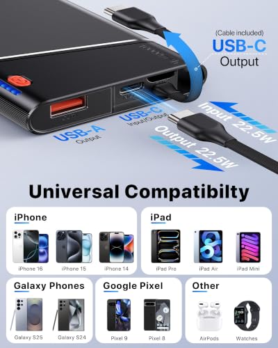 Aaoyun 10000mAh Portable Power Bank, 22.5W PD Fast Charging Battery Pack with Built-in USB-C Cable, Ultra-Slim External Phone Charger for iPhone 17/16/15, Samsung Galaxy S24, Android (Grey) - color: Grey