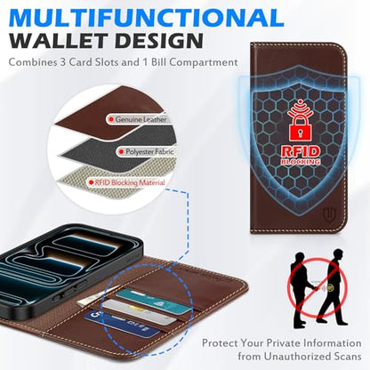 SHIELDON Real Leather Magnetic Case Wallet for iPhone 17 6.3", Retro Coffee | Flip Magnetic Cover, Kickstand, RFID Blocking, 3 Credit Card Holder, Book Design, Shockproof, Soft Inner Phone Case - color: Retro Coffee