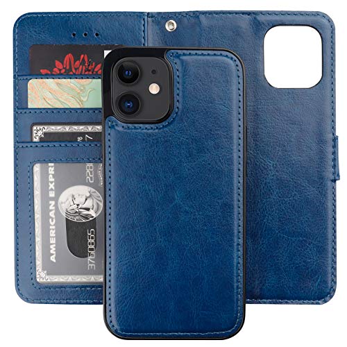 Bocasal Compatible with iPhone 12 & iPhone 12 Pro Wallet Case with Card Holder PU Leather Magnetic Detachable Kickstand Shockproof Wrist Strap Removable Flip Cover 6.1 inch (Blue) | Kickstand Card Slots Holder PU Leather Magnetic Shockproof Wrist Strap Re