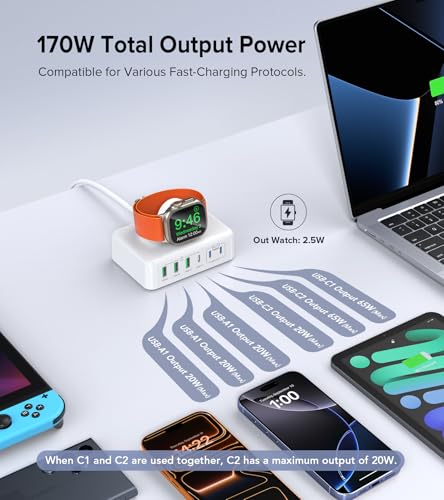 USB C Charging Station Block, 170W Max Travel Charger for Multiple Devices - color: A-White(185W)