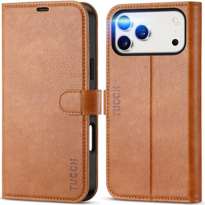 TUCCH Case Wallet for iPhone 17 Pro Max, RFID Blocking Folio, Light Brown | 4 Card Holders, Kickstand, PU Leather, Magnetic Closure, Shockproof TPU Shell, Protective Flip Cover - color: Textured Light Brown