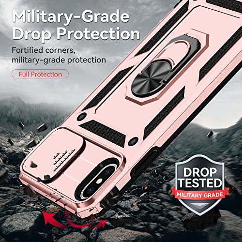for iPhone XS Max Case with Camera Lens Cover HD Screen Protector, Dual Layer Military Grade Drop Protection Magnetic Ring Holder Kickstand Protective Phone Case for iPhone XS Max 6.5 inch (Rose Gold) - color: Rose Gold with camera cover Military-Grade 2n