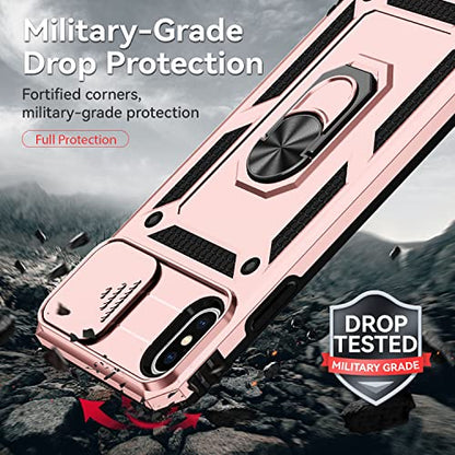for iPhone XS Max Case with Camera Lens Cover HD Screen Protector, Dual Layer Military Grade Drop Protection Magnetic Ring Holder Kickstand Protective Phone Case for iPhone XS Max 6.5 inch (Rose Gold) - color: Rose Gold with camera cover Military-Grade 2n