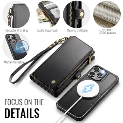 Defencase for iPhone 16 Pro Max Case Wallet Compatible with Magsafe, Black | Drop-Proof Magnetic Detachable Phone Cases Cover, with RFID Bolcking Card Holder, Zipper Strap, PU Leather, Removable Wallet - color: (Detachable with Magsafe)-Black