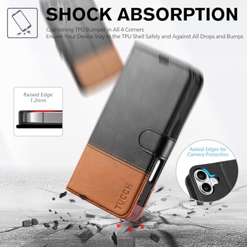 TUCCH Wallet Case for iPhone 17 (6.3") 2025, Flip Stand, Black & Brown | RFID Blocking, 4 Card Holders, Kickstand, PU Leather, Shockproof TPU Shell, Magnetic Closure, Protective Folio Cover - color: Two-tone Black & Brown