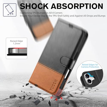 TUCCH Wallet Case for iPhone 17 (6.3") 2025, Flip Stand, Black & Brown | RFID Blocking, 4 Card Holders, Kickstand, PU Leather, Shockproof TPU Shell, Magnetic Closure, Protective Folio Cover - color: Two-tone Black & Brown
