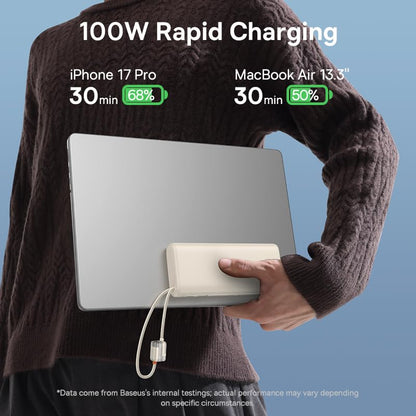 Baseus Portable Charger with Built in Cable, 100W Laptop Power Bank 20000mAh, Travel Essential Fast Charging USB C Battery Pack for MacBook, iPhone 18/17/16 Series, Samsung Galaxy S25/24, TSA-Approved - color: White