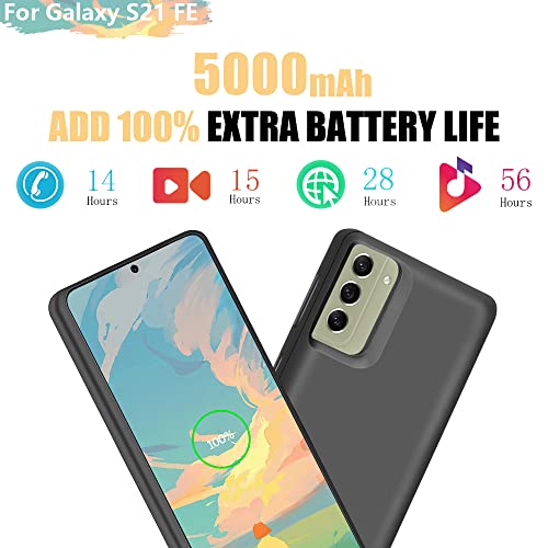 Battery Case for Samsung Galaxy S21 FE 5G, 5000mAh Rechargeable Extended Battery Charging Charger Case, Add 100% Extra Juice (6.4 Inches) Black