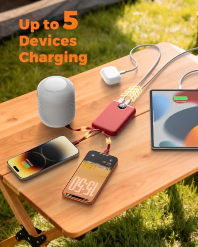 Portable Charger 10000mAh with 4 Built-in Cables 40% Smaller (Red) - color: Red